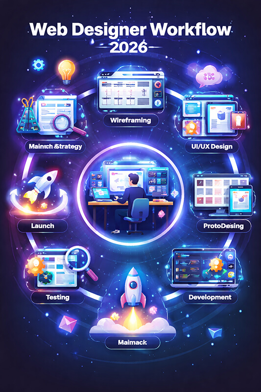 Modern web design workflow: research, wireframes, UI system, components, testing, performance, and launch